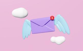 3D fliegender geschlossener Umschlag mit Flügeln, Wolke isoliert auf rosa Hintergrund. Newsletter benachrichtigen, online eingehendes E-Mail-Konzept, 3D-Darstellung foto