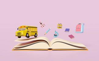 3D-gelbes Schulbus-Cartoon-Schild-Symbol, Fahrzeug für Transportstudenten isoliert auf rosa Hintergrund. zubehör mit mikroskop, offenes buch, tasche, bleistift, schulmaterial, zurück zur schule 3d-rendering foto