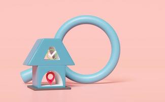 3D blaues Haus mit Lupe, Häkchen, Häkchensymbolen, Stift isoliert auf rosa Hintergrund. Online-Shopping, Suchdatenkonzept, 3D-Darstellung, Beschneidungspfad foto