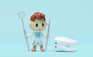 3D-Miniatur-Zeichentrickfigur Zahnarzt mit Zahnarztspiegel, Sichel-Scaler isoliert auf blauem Hintergrund. untersuchung auf karies, zahnärztliche untersuchung des zahnarztes, gesundheit der weißen zähne, mundpflege 3d-rendering foto