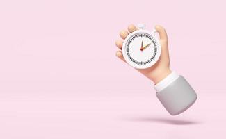 Timing-Erfolg des Geschäftsmanns mit weißer Stoppuhr in der Hand isoliert auf rosa Hintergrund. 3D-Darstellung, Beschneidungspfad foto