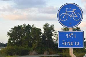 blaues Fahrradweg-Verkehrsschild mit thailändischen Sprachen im Park. foto