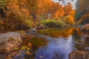 Waldfluss im Herbstlaub. Herbstwald-Flusslandschaft. schöner Herbstwaldfluss. Fluss im Herbstwald foto