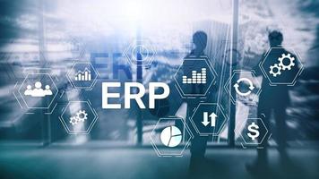 ERP-System, Enterprise Resource Planning auf unscharfem Hintergrund. Geschäftsautomatisierungs- und Innovationskonzept. foto