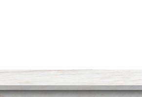 Tischplatte aus weißem Marmorstein isoliert auf weißem Hintergrund für die Produktpräsentation foto