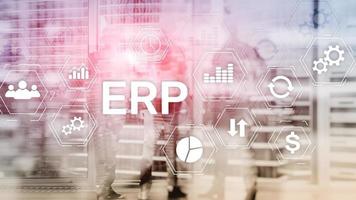 ERP-System, Enterprise Resource Planning auf unscharfem Hintergrund. Geschäftsautomatisierungs- und Innovationskonzept. foto