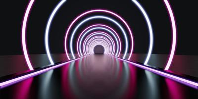 abstrakter Tunnelkorridor mit Lichtstrahlen und neuen Highlights abstrakter Hintergrund Neonszene mit Strahlen und Linien Rundbogenlicht in Bewegung Nacht 3D-Darstellung foto
