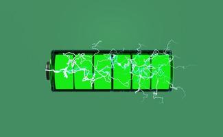 3D-Batterieladeanzeige mit Donner isoliert auf grünem Hintergrund. Ladebatterie-Technologiekonzept, 3D-Darstellung foto