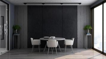 monochromes raumkonzept mit vier stühlen in modernem minimalistischem innendesign - 3d-renderwandmodell foto