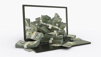 3D-Darstellung von 100 US-Dollar-Noten, die aus einem Laptop-Monitor kommen, isoliert auf weißem Hintergrund. Stapel von Dollarnoten in einem Laptop. Geld vom Computer, Geld vom Laptop foto