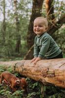 Porträt eines süßen kleinen Jungen, der sich vor dem Hintergrund eines grünen Waldes an einem Baumstamm festhält. Kürbiskorb für Süßigkeiten im Vordergrund. Wandern und Spielen im Freien. Halloween-Konzept. hochwertiges Foto