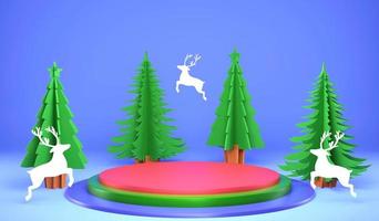 3D-Rendering Weihnachtsschmuck und Podium auf blauem Hintergrund, 3D-Illustration Weihnachtsbaum und Regenhirsch Papercut-Stütze foto