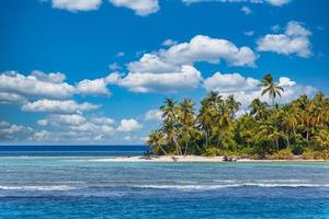 Insel Palmen Meer Sandstrand. exotische Strandlandschaft. Inspirieren Sie den Horizont der tropischen Strandlandschaft. sonnig blauer himmel schön entspannen ruhig sommerstimmung. urlaubsreisen urlaubsbanner, luxusziel foto