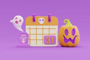 fröhliches halloween mit kalender, jack-o-laterne kürbissen, grab und süßem geist auf lila hintergrund, traditioneller oktoberurlaub, 3d-rendering. foto