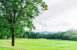 Golfplatz mit grüner Rasenlandschaft. grüne Wiese mit Wald und Berg als Hintergrund. Golfplatz im Hotel oder Resort. Landschaft mit Golfplatz und Bäumen. grüner Sportplatz. grünes Feld. foto