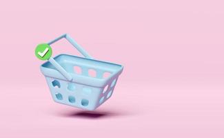 Warenkorb, blauer Korb 3D-Symbol mit Häkchen auf rosa Hintergrund isoliert. Online-Shopping-Konzept, 3D-Darstellung foto