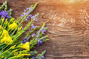 gelbe und lila blumen liegen auf holzhintergrund, kopierraum, schöner postkartenhintergrund foto