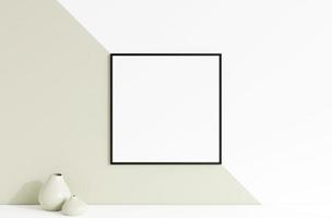 Saubere und minimalistische Vorderansicht, quadratisches schwarzes Foto- oder Posterrahmenmodell, das mit Vase an der Wand hängt. 3D-Rendering. foto