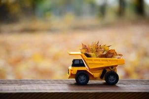 Das Konzept der saisonalen Ernte von Herbstlaub wird in Form eines mit Blättern beladenen gelben Spielzeuglastwagens vor dem Hintergrund des Herbstparks dargestellt foto