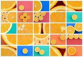 eine Collage aus vielen Bildern mit saftigen Orangen. Reihe von Bildern mit Früchten auf Hintergründen in verschiedenen Farben foto