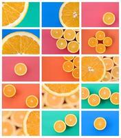 eine Collage aus vielen Bildern mit saftigen Orangen. Reihe von Bildern mit Früchten und verschiedenen Farben foto