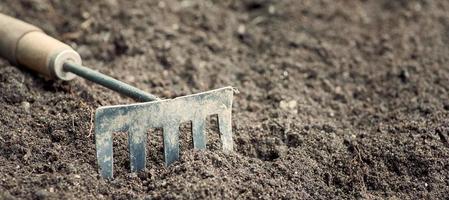 Gartenwerkzeug. Schmutziger Grubber im Hintergrundboden. Hintergrund in Unschärfe. foto