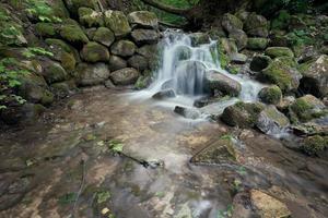 Mühlbach im grünen Wald. fallendes Wasser bei Langzeitbelichtung auf dem Gelände einer alten zerstörten Mühle. foto