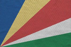 Seychellen-Flagge gedruckt auf einem Polyester-Nylon-Sportswear-Mesh-Gewebe foto