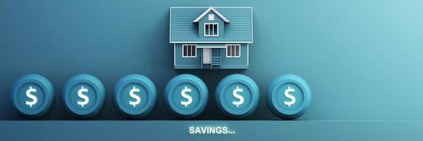 Geld sparen für ein Eigenheim. das konzept ist die geldanhäufung für wohnungen, hypotheken, bezahlbaren wohnraum, den traum vom eigenheim, kreditraten. Cartoon-Stil. 3D-Darstellung foto