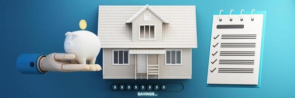 Geld sparen für ein Eigenheim. das konzept ist die geldanhäufung für wohnungen, hypotheken, bezahlbaren wohnraum, den traum vom eigenheim, kreditraten. Cartoon-Stil. 3D-Darstellung foto