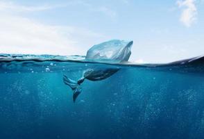 Umwelt- und Meeresverschmutzung, Plastiktüte in Form von ins Meer geworfenen Fischen foto