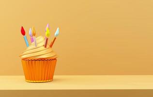 Geburtstagstorte Goldfarbe 3D-Design. Cupcakes für alles Gute zum Geburtstag auf gelbem Hintergrund mit feiernden Elementen wie für Geburtstagsfeier-Grußkartendekoration. 3D-Darstellung. foto