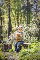 Ein süßer Junge spielt mit einem Bärenjungen im Wald. Die Sonnenstrahlen umhüllen den Raum der Lichtung mit einem Baumstumpf. eine magische Geschichte von Interaktionen für das Buch. Platz zum Kopieren. selektiv foto