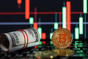 Bitcoin-Kryptowährungen mit Dollar und einer grafischen Anzeige eines Computermonitors im Hintergrund. foto