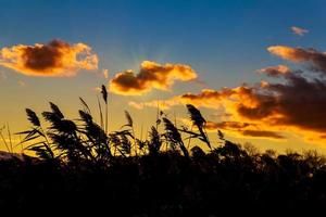 bunter Herbstsonnenuntergang mit Sonnenstrahlen, die die Wolken färben foto