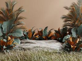 Steinplattform im tropischen Wald für Produktpräsentation und Pastellhintergrund. 3D-Darstellungswiedergabe