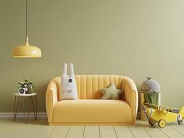 modellwand im kinderzimmer mit gelbem sofa auf pastellhintergrund. 3D-Darstellungswiedergabe foto
