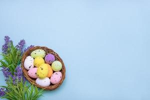 Bunte Ostereier in einem Korb auf blauem Hintergrund mit Lavendelblüten, Platz für Text foto