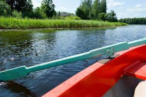 hölzerne ruder für das boot, das auf einem ruhespaziergang auf dem wasser des sees, des flusses, des meeres auf die natur ins wasser gesenkt wird foto