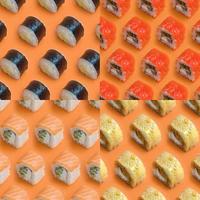 Collage mit verschiedenen Arten von asiatischen Sushi-Rollen auf orangefarbenem Hintergrund. Minimalismus Draufsicht flaches Laienmuster mit japanischem Essen foto