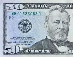 Porträt von US-Präsident Ulysses Simpson Grant auf 50-Dollar-Banknoten-Nahaufnahme-Makrofragment. Vereinigte Staaten fünfzig Dollar Geldschein foto