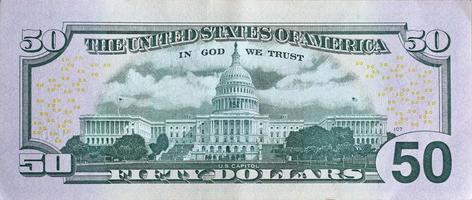 US-Kapitol auf 50-Dollar-Banknote Rückseite Nahaufnahme Makrofragment. Vereinigte Staaten fünfzig Dollar Geldschein foto