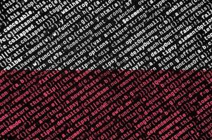 Auf dem Bildschirm wird die polnische Flagge mit dem Programmcode dargestellt. das konzept der modernen technologie und standortentwicklung foto