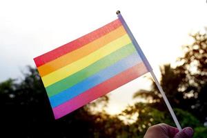 die regenbogenfahne, die vor dem haus auf dem grünen hintergrund der bäume geschmückt ist, mit der morgensonne, die die starke macht und die stabile haltung der lgbt-menschen zeigt. foto