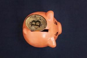 Sparschwein und goldene Bitcoin-Münze virtuelles Geld auf schwarzem Hintergrund. kryptowährung und sparkonzept. elektronisches virtuelles Geld für Web-Banking und internationale Netzwerkzahlungen foto