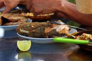 Gebratener Schnapperfisch, serviert mit Salat und Maismehl, typisches Amazonas-Essen in Brasilien foto