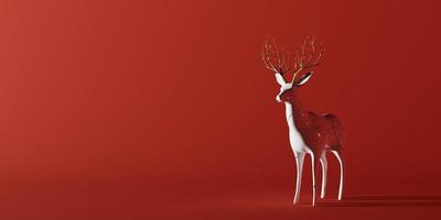 Weiße Keramik-Rentier-Statuenskulptur auf rotem Hintergrund für Weihnachts- und Neujahrsparty mit Kopierraum. urlaubs- und saisonales konzept. 3D-Darstellungswiedergabe foto