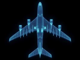 3D-Rendering-Illustration Flugzeug-Blaupause leuchtendes Neon-Hologramm futuristische Show-Technologie-Sicherheit für Premium-Produkt-Geschäftsfinanzierung foto