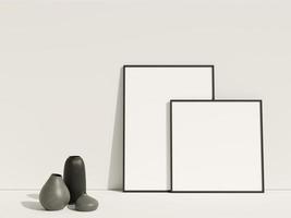 Saubere und minimalistische Vorderansicht, schwarzes Foto- oder Plakatrahmenmodell, das mit Vase an der Wand lehnt. 3D-Rendering. foto
