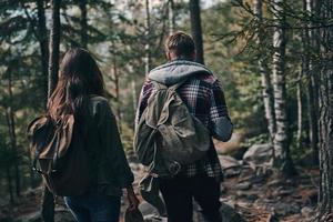 Liebe zur Natur teilen. Rückansicht eines jungen Paares, das gemeinsam im Wald wandert und dabei seine Reise genießt foto